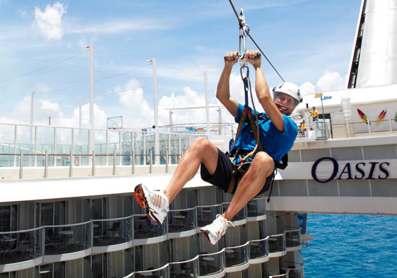 Onboard zip line, nine decks in the air and 82 feet across.